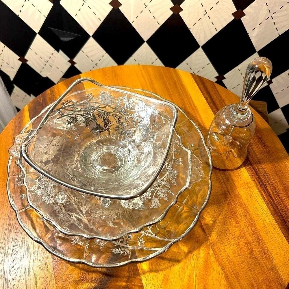 Vintage Silver Inlay Glassware Set | Bell, Serving Plate, Bowl & Tray - Picture 8 of 9